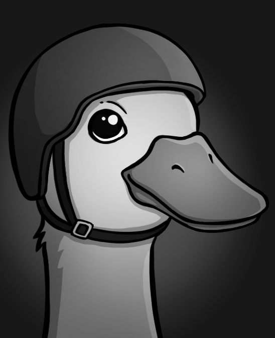 head of a duck, wearing a helmet in black and white