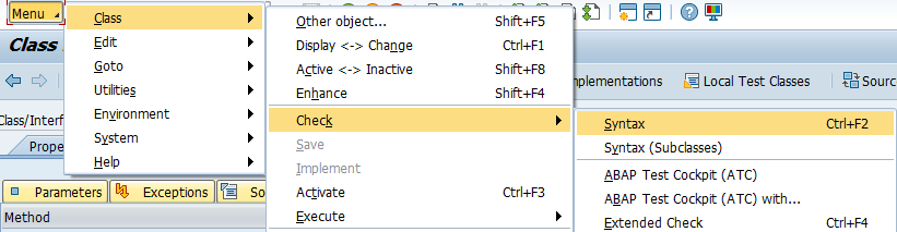 Menu path for syntax check for a class